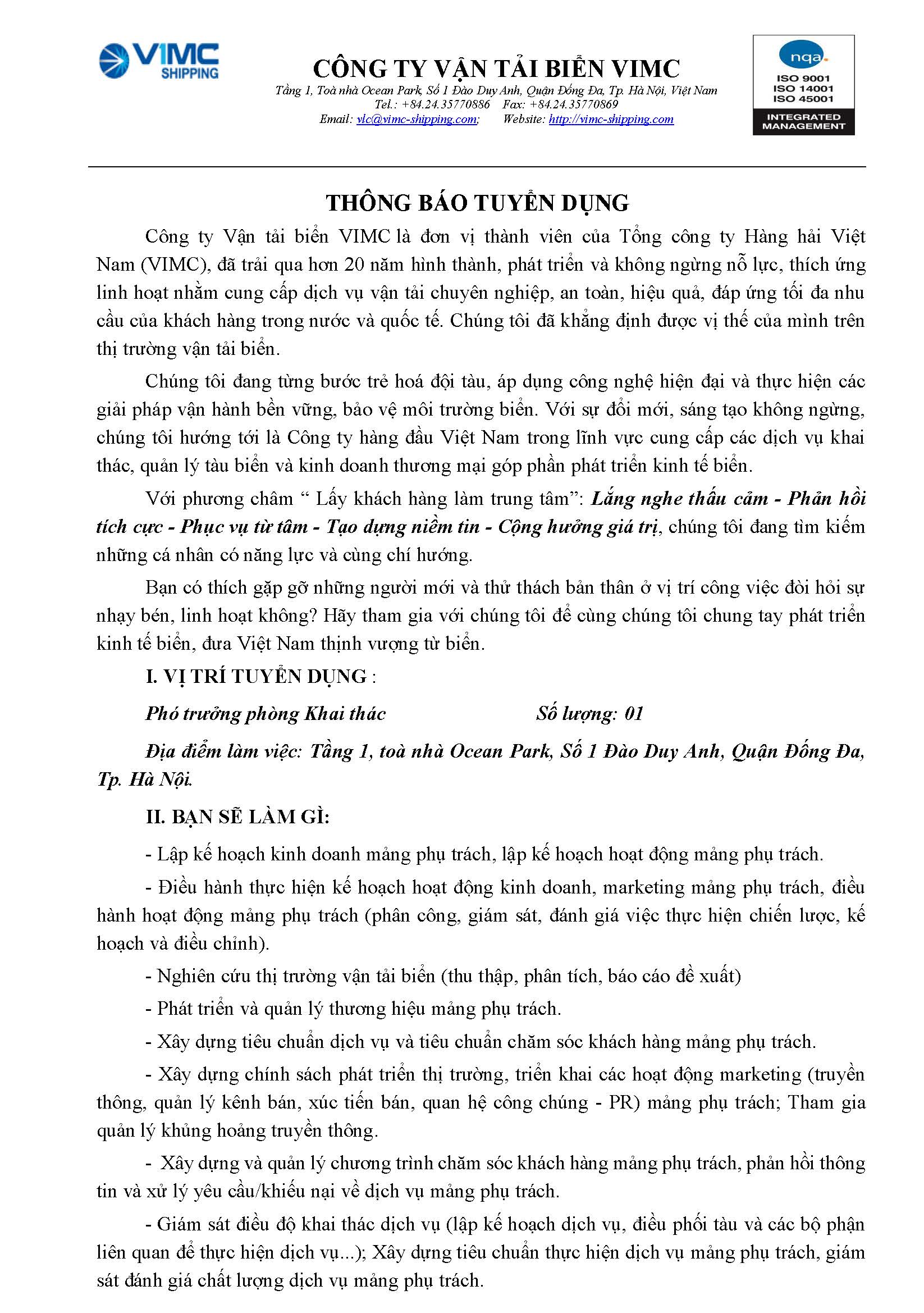 Thông báo tuyển dụng Phó Trưởng phòng Khai thác